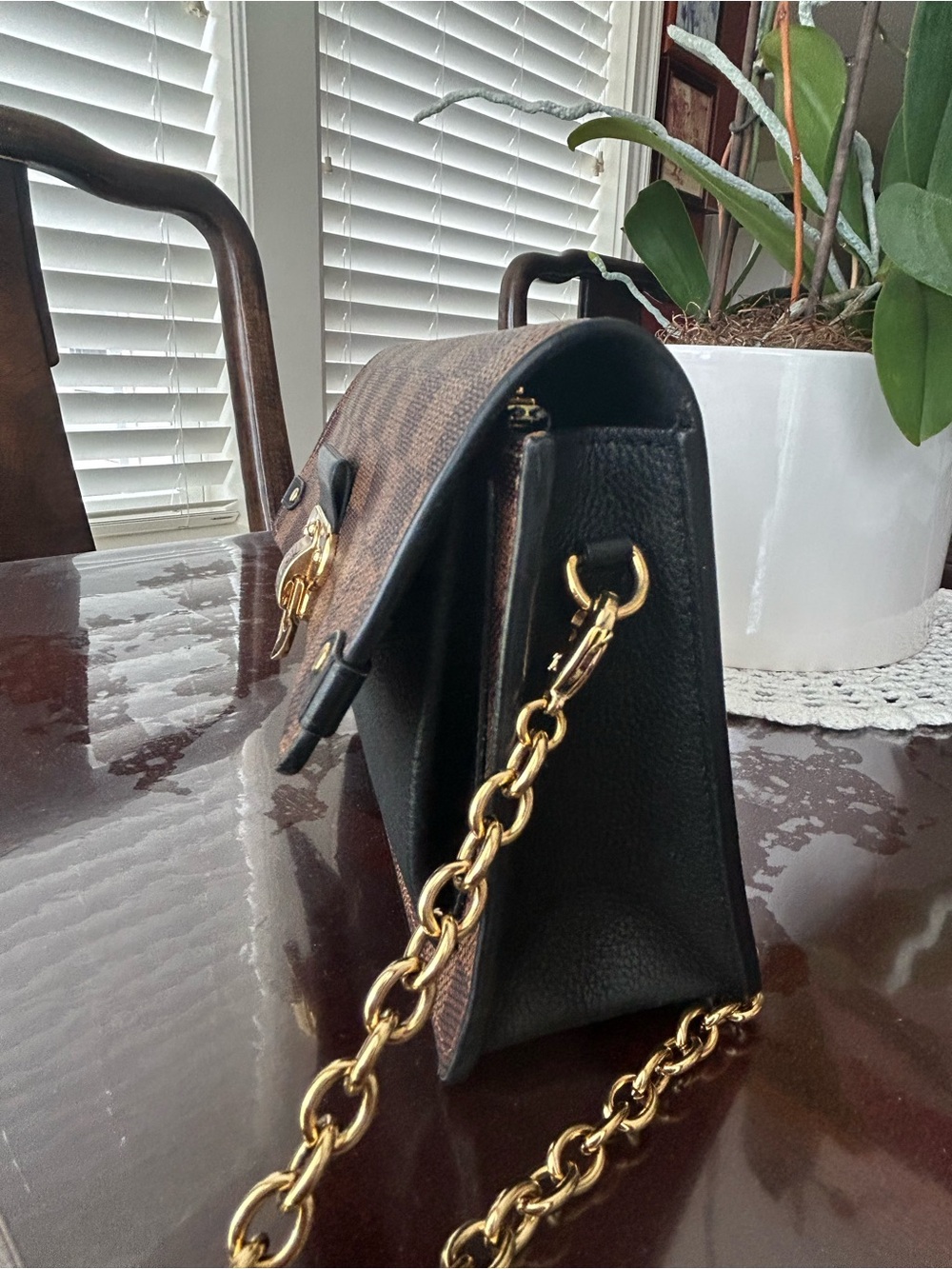 Louis Vuitton Damier Ebene Chain Wallet in Brown and Black - Picture 7 of 10